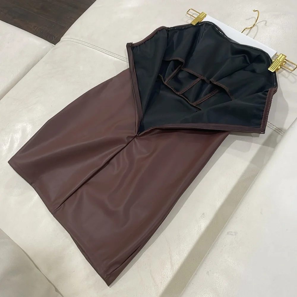 NWT Brown pu leather mini fitted dress ruched side high waisted bone corset XS/S - Picture 12 of 12